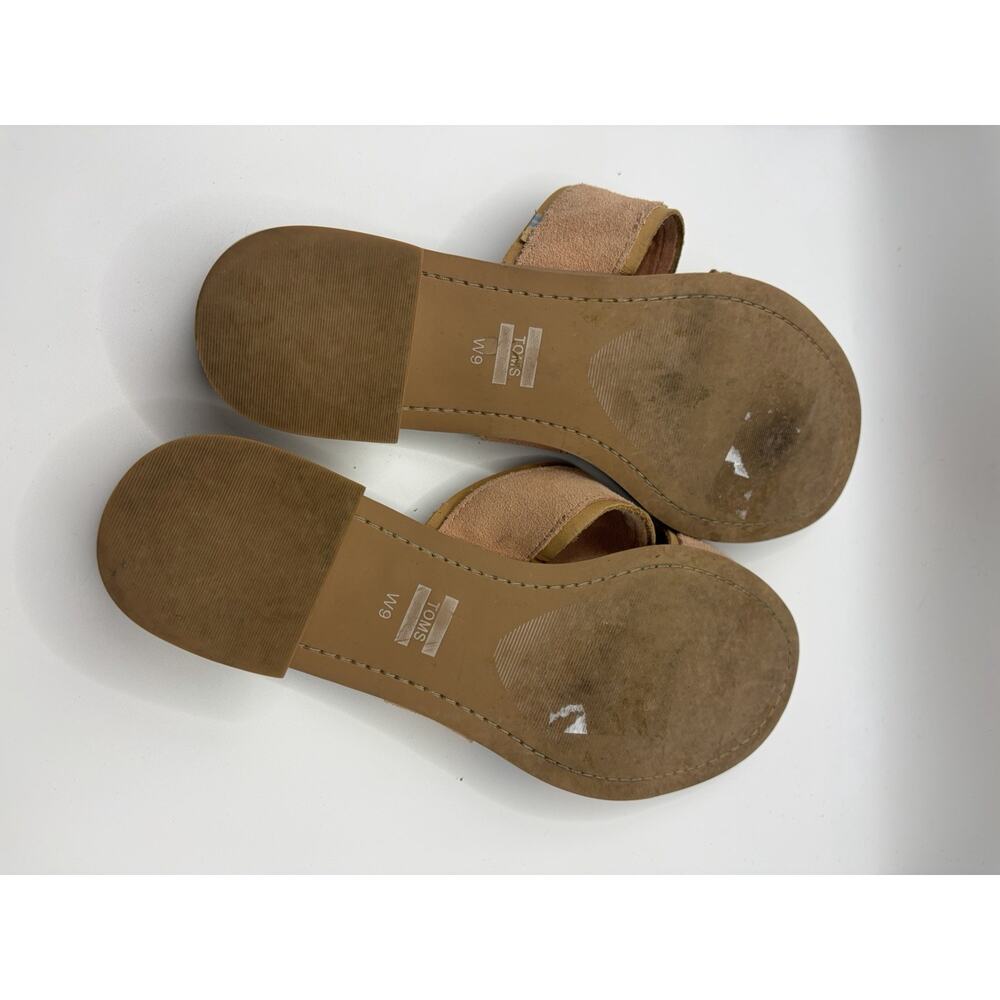 TOMS Suede Slide Sandals Womens 9 Tan Double Strap Block Heel Casual Wood Heel - Picture 7 of 7